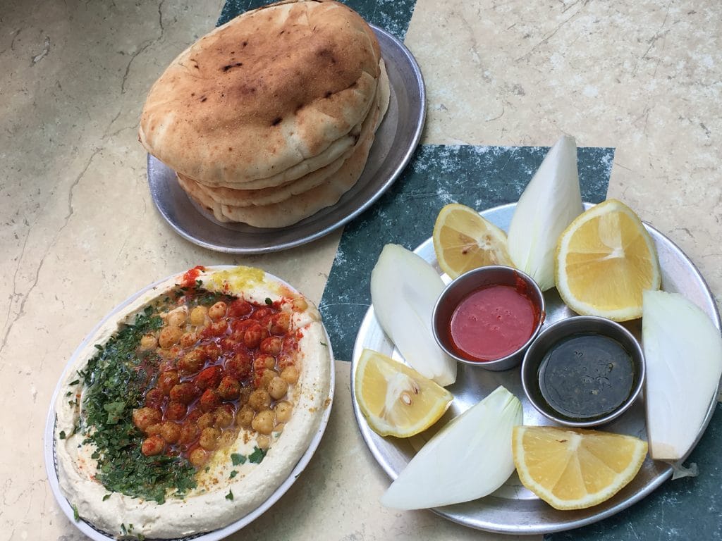 Hummus side dishes at Shlomo & Doron, Carmel Market