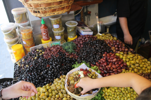 Olives in food market, Tel Aviv