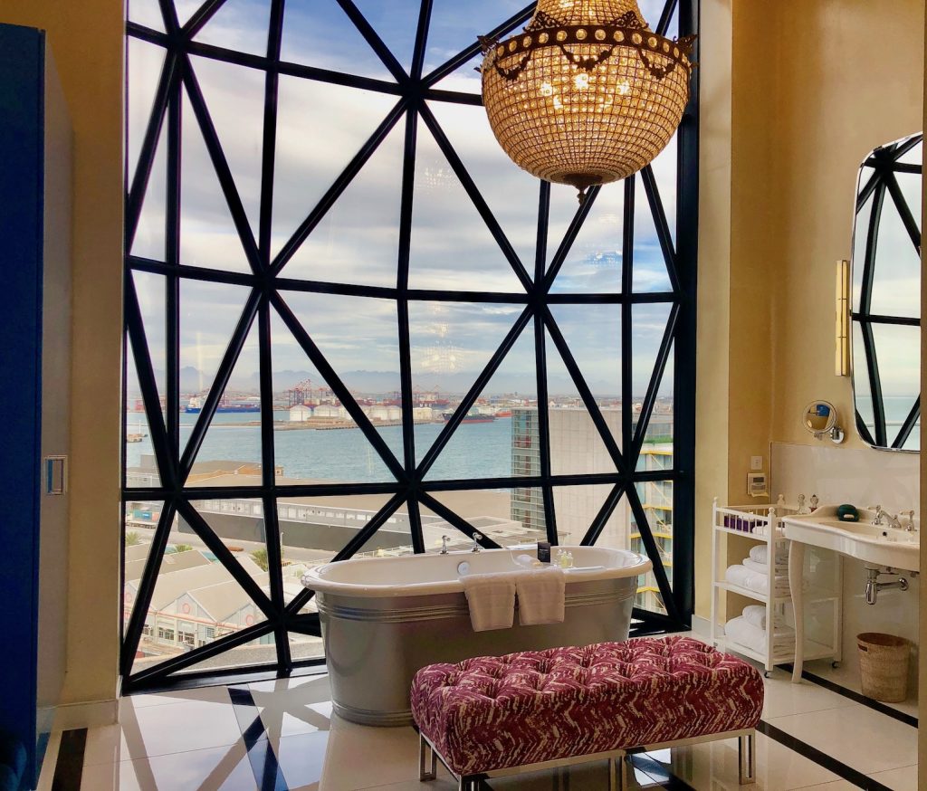Floor to ceiling windows in the Deluxe Superior bathroom at The Silo Hotel